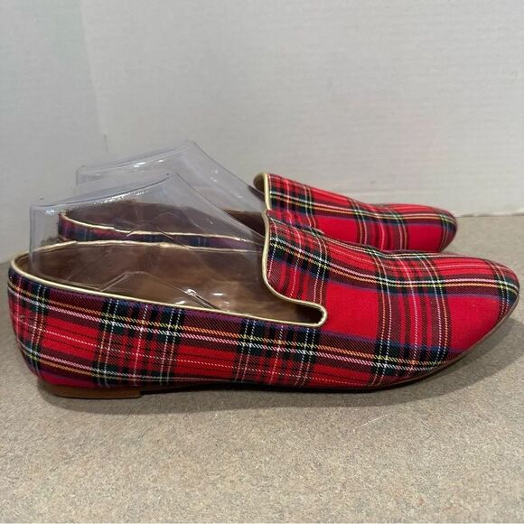 J. Crew Women’s Red Stewart Tartan With Gold Trim Slip-On Smoking Loafers Sz 10 - Picture 6 of 9